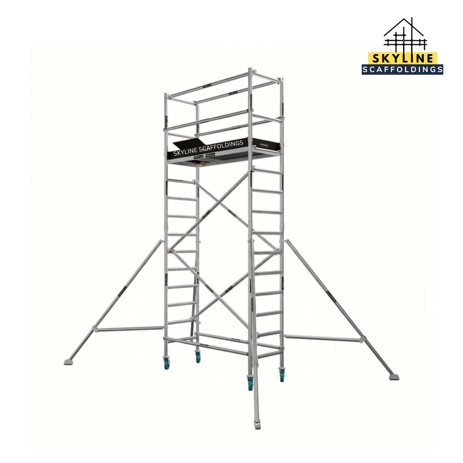 Aluminium mobile scaffolding tower with stabilizers by Skyline Scaffoldings